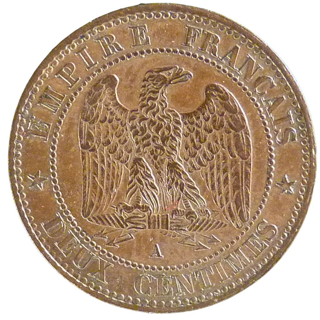 FRANCE, 2 Centimes, 1861, Paris, AU(50-53), Bronze, Gadoury #104, 2.00