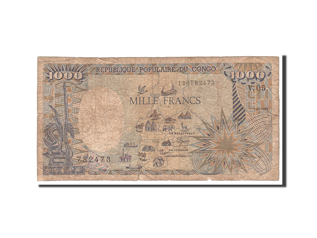 Congo Republic, 1000 Francs, 1988, KM:10a, 1988-01-01, VG(8-10)