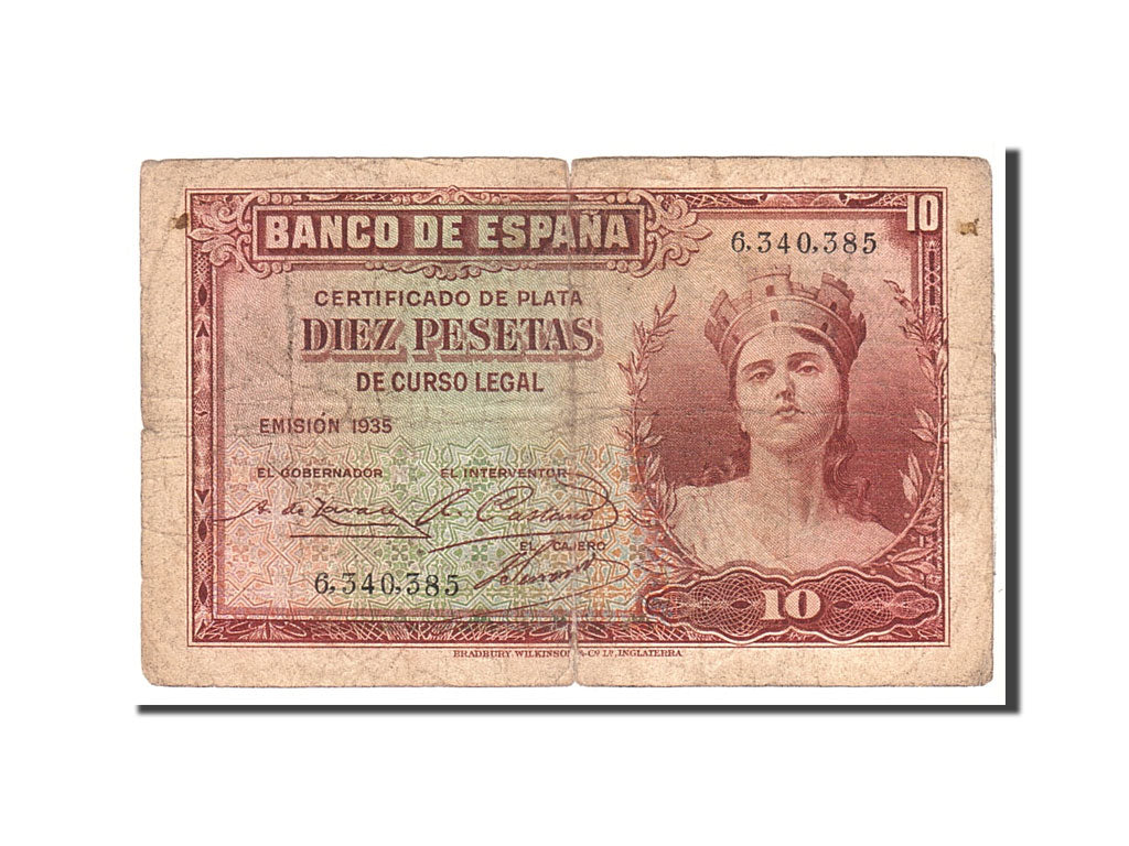 Spain, 10 Pesetas, 1935, KM:86a, Undated, VG(8-10)