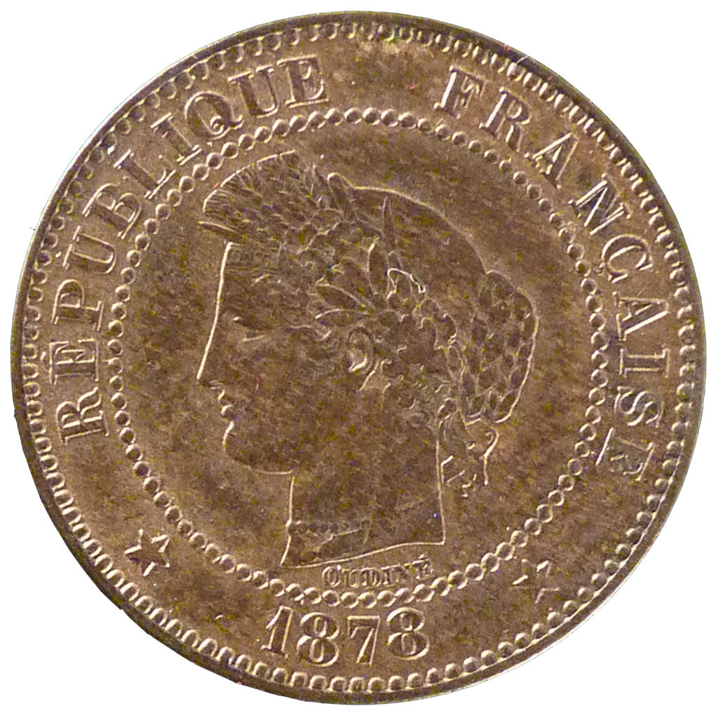FRANCE, Cérès, 2 Centimes, 1878, Paris, KM #827.1, AU(55-58), Bronze, 20.2, G...