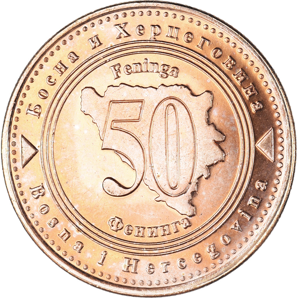 Moeda, Bósnia-Herzegovina, 50 Feninga, 2007, AU(55-58), Aço Cromado a Cobre
