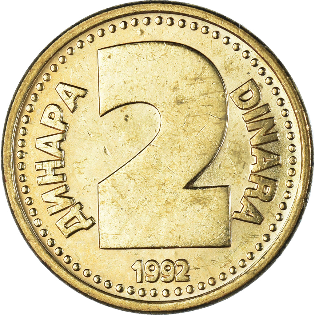 Coin, Yugoslavia, 2 Dinara, 1992, AU(55-58), Brass, KM:150