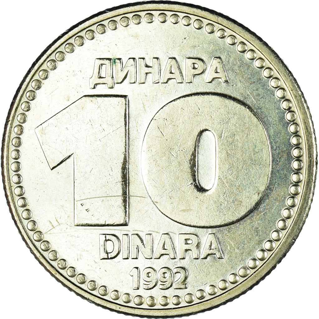 Coin, Yugoslavia, 10 Dinara, 1992, AU(55-58), Copper-Nickel-Zinc, KM:152
