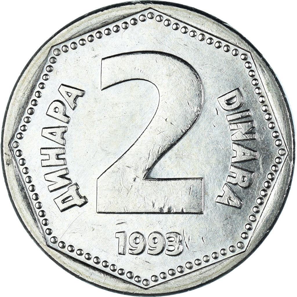 Coin, Yugoslavia, 2 Dinara, 1993, MS(60-62), Copper-Nickel-Zinc, KM:155