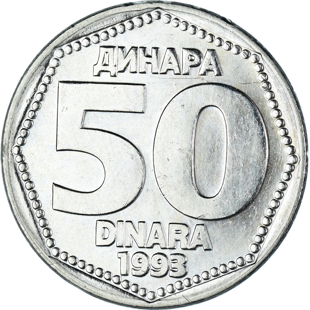 Moneda, Yugoslavia, 50 Dinara, 1993, MBC+, Cobre - níquel - cinc, KM:158