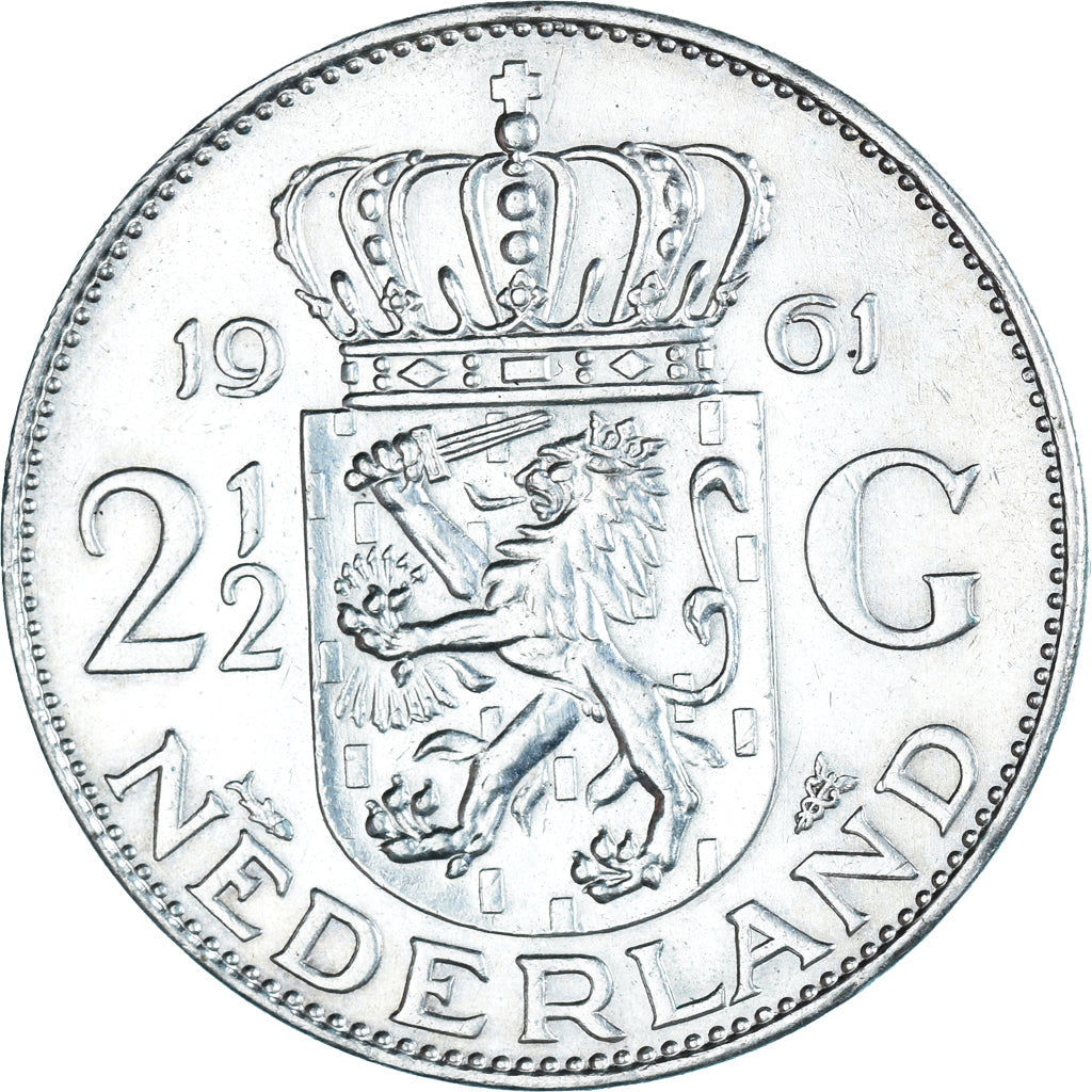 Coin, Netherlands, Juliana, 2-1/2 Gulden, 1961, EF(40-45), Silver, KM:185