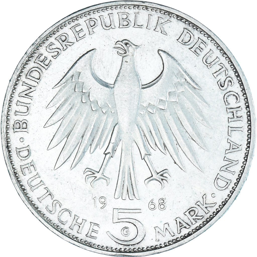 Moneda, ALEMANIA - REPÚBLICA FEDERAL, 5 Mark, 1968, Karlsruhe, Germany, MBC+