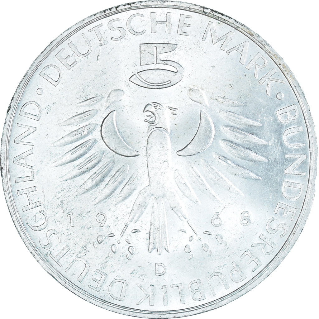 Coin, GERMANY - FEDERAL REPUBLIC, 5 Mark, 1968, Munich, Germany, AU(50-53)