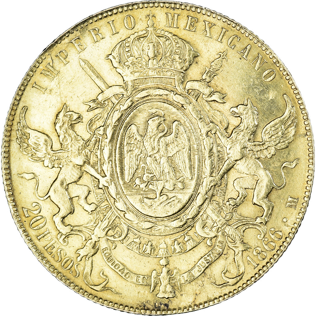 Moneda, México, Maximilian, 20 Pesos, 1866, Mexico City, MBC, Oro, KM:389