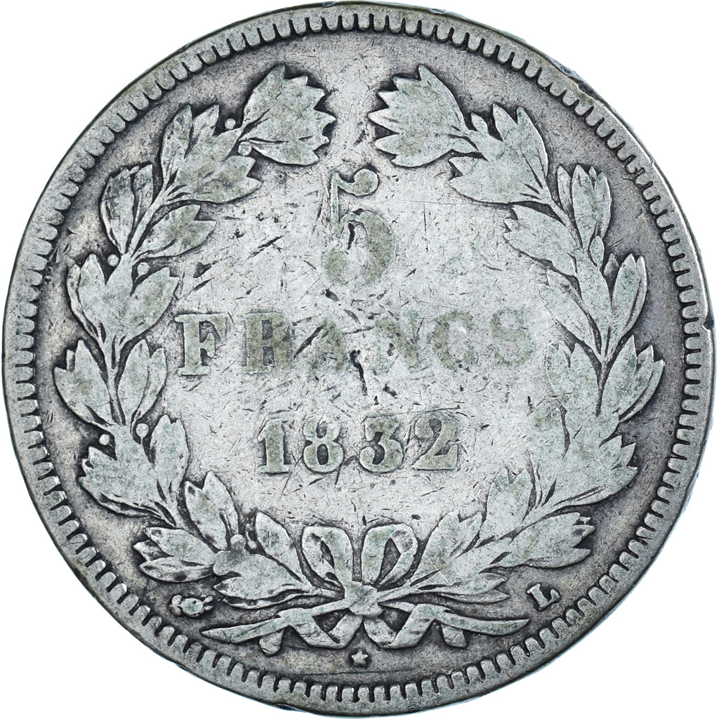Moeda, França, Louis-Philippe, 5 Francs, 1832, Bayonne, VF(20-25), Prata