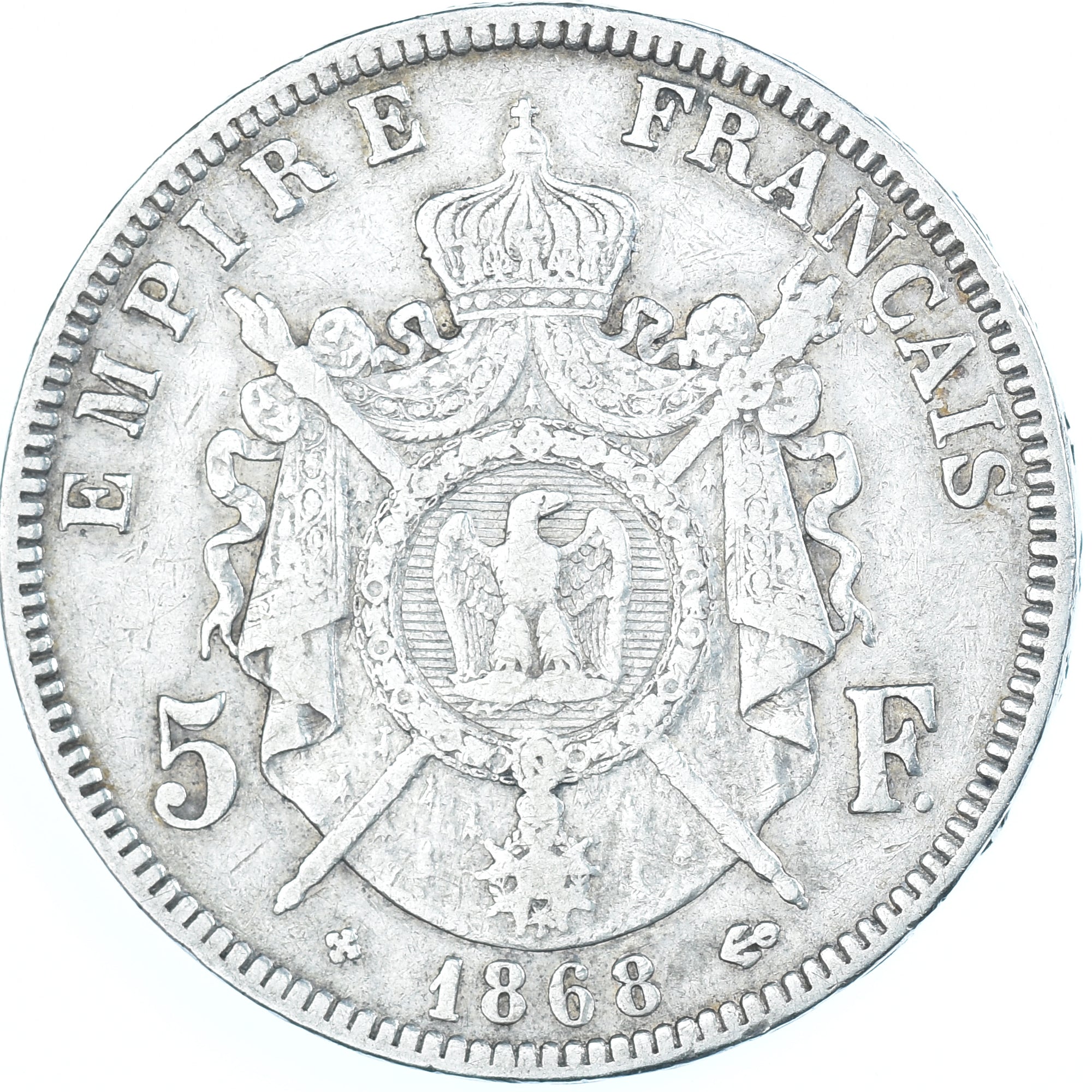 Moeda, França, Napoleon III, 5 Francs, 1868, Strasbourg, VF(20-25), Prata