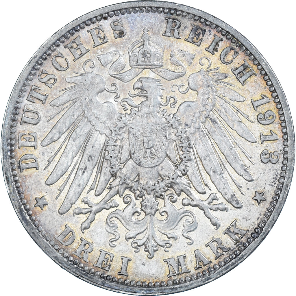 Moeda, Estados Alemães, SAXONY-ALBERTINE, Friedrich August III, 3 Mark, 1913