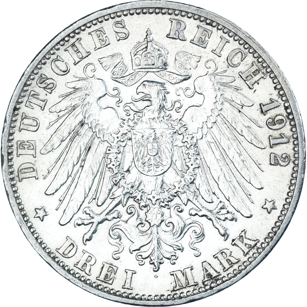Coin, German States, BADEN, Friedrich II, 3 Mark, 1912, Stuttgart, AU(50-53)