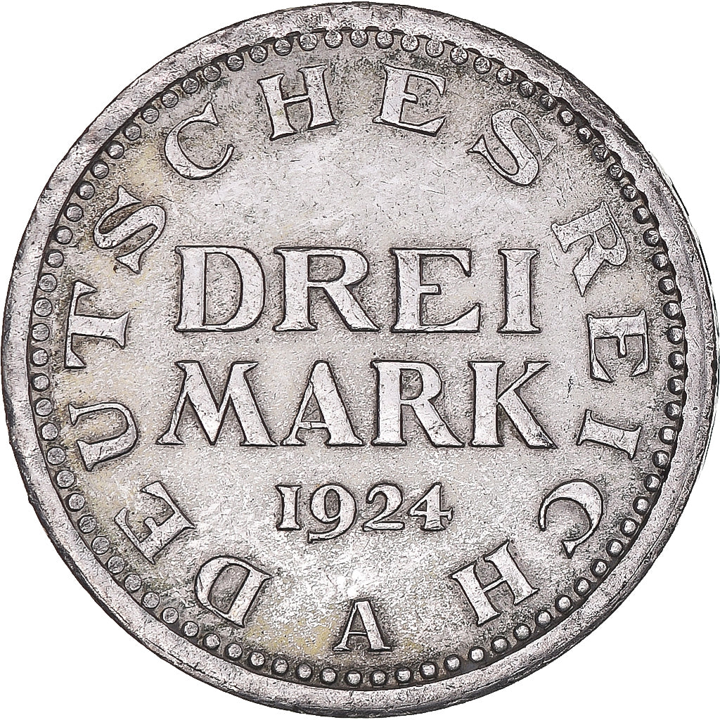 Coin, GERMANY, WEIMAR REPUBLIC, 3 Mark, 1924, Berlin, EF(40-45), Silver, KM:43
