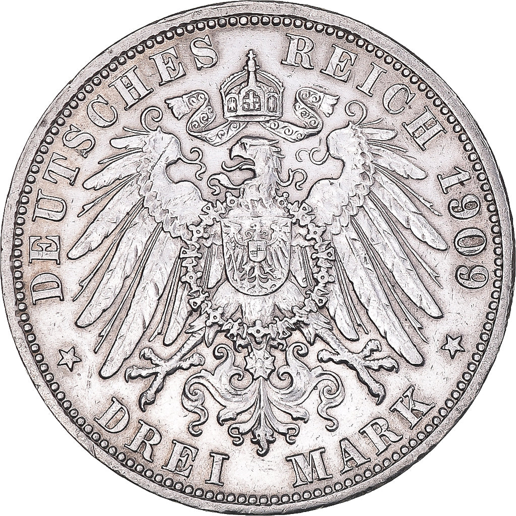 Coin, German States, BADEN, Friedrich II, 3 Mark, 1909, Stuttgart, EF(40-45)