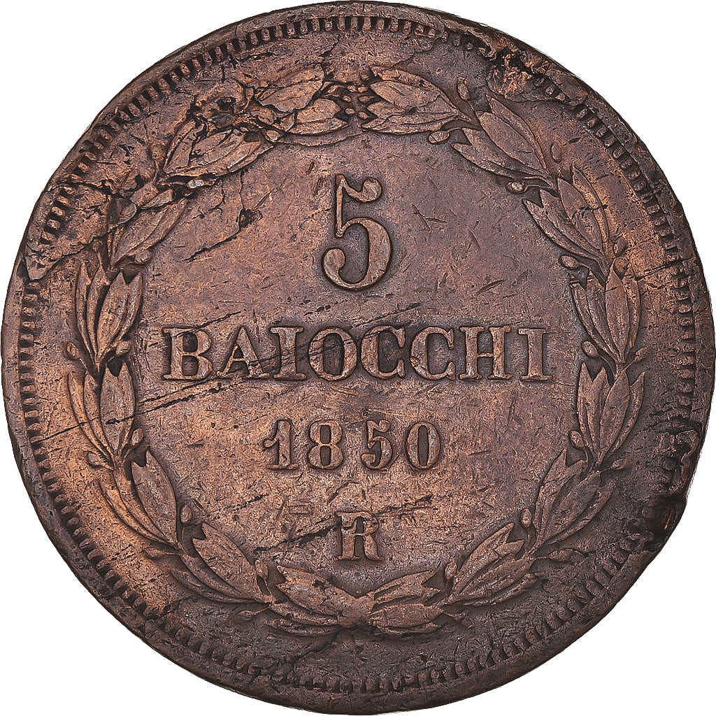 Moneta, DEPARTAMENTY WŁOSKIE, PAPAL STATES, Pius IX, 5 Baiocchi, 1850, Rome