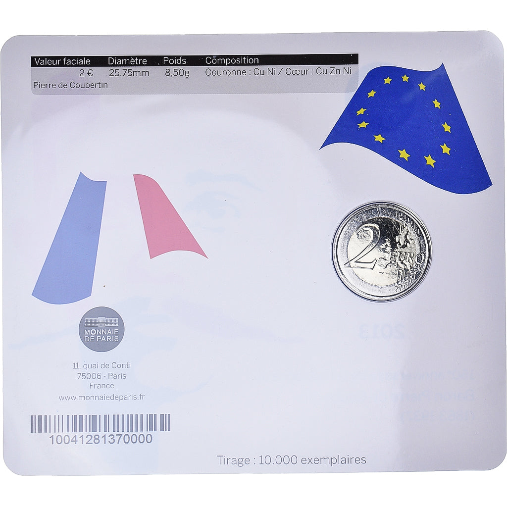 France, 2 Euro, Pierre de Coubertin, 2013, BU, MS(65-70), Bi-Metallic