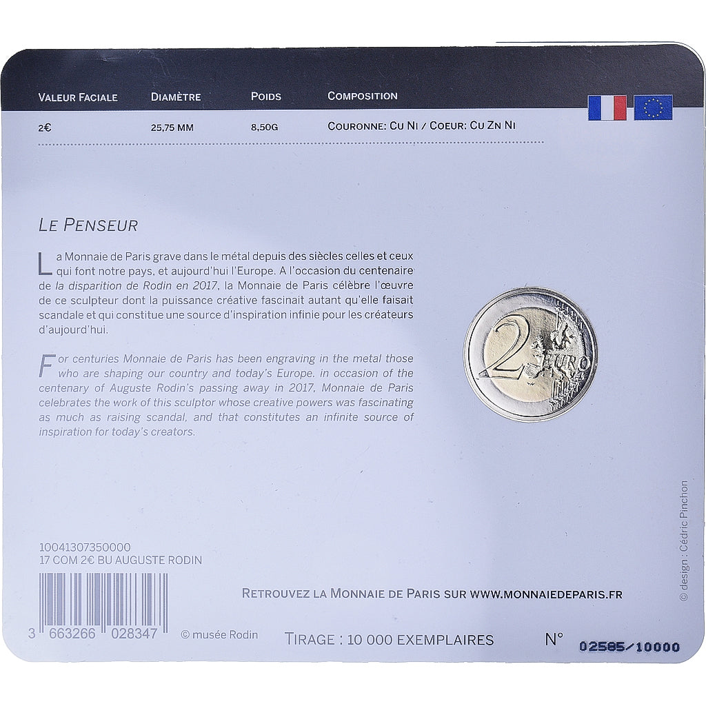 France, 2 Euro, Auguste Rodin, 2017, Monnaie de Paris, BU, MS(65-70)