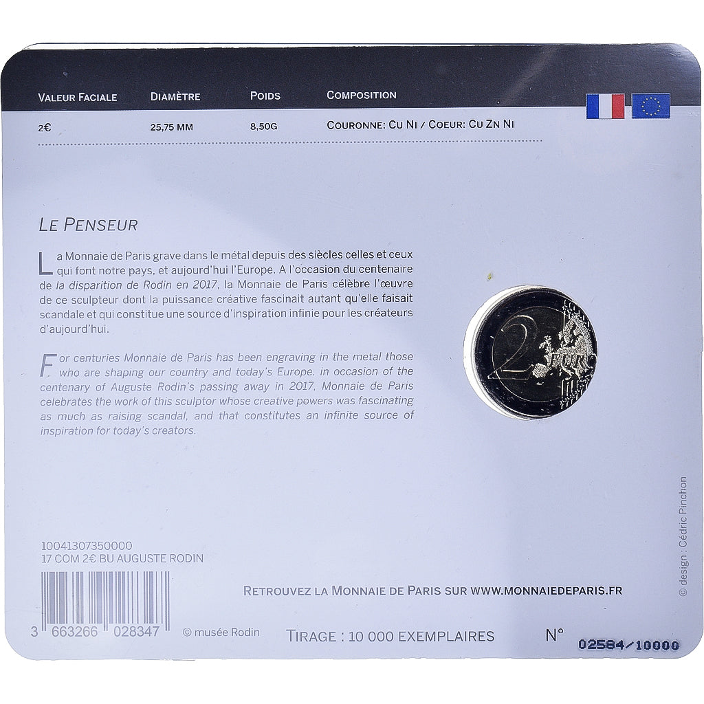 France, 2 Euro, Auguste Rodin, 2017, Monnaie de Paris, BU, MS(65-70)