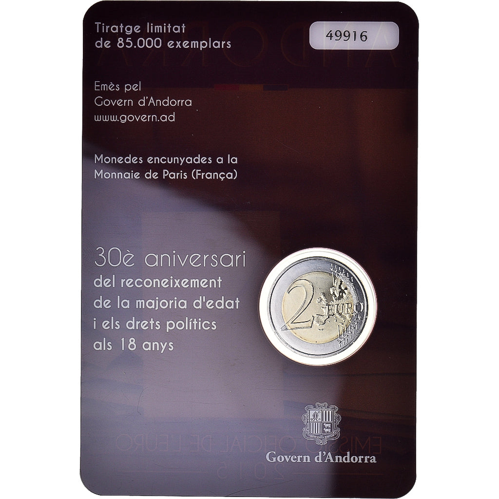 Andorre, 2 Euro, majorité à 18 ans, 2015, Monnaie de Paris, BU, FDC