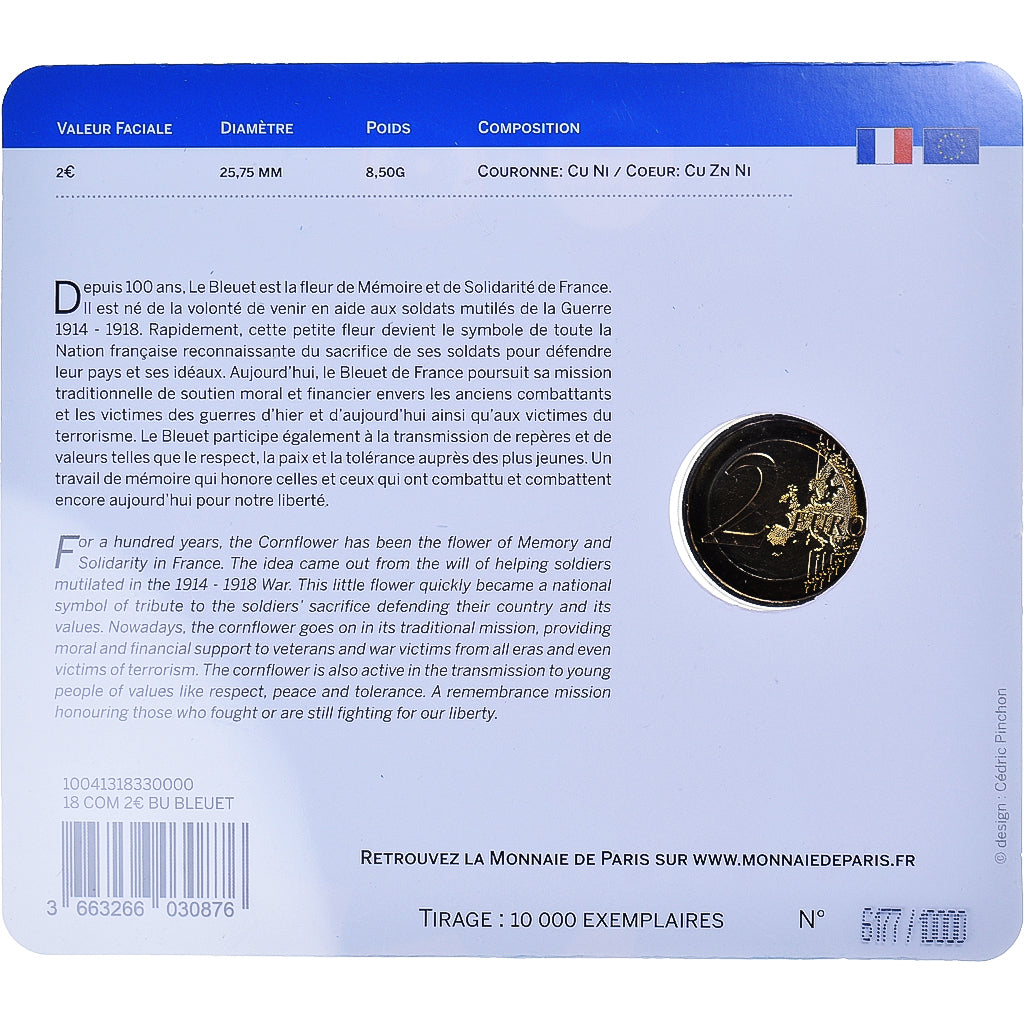 France, 2 Euro, bleuet de France, 2018, Monnaie de Paris, BU, FDC, Bimétallique