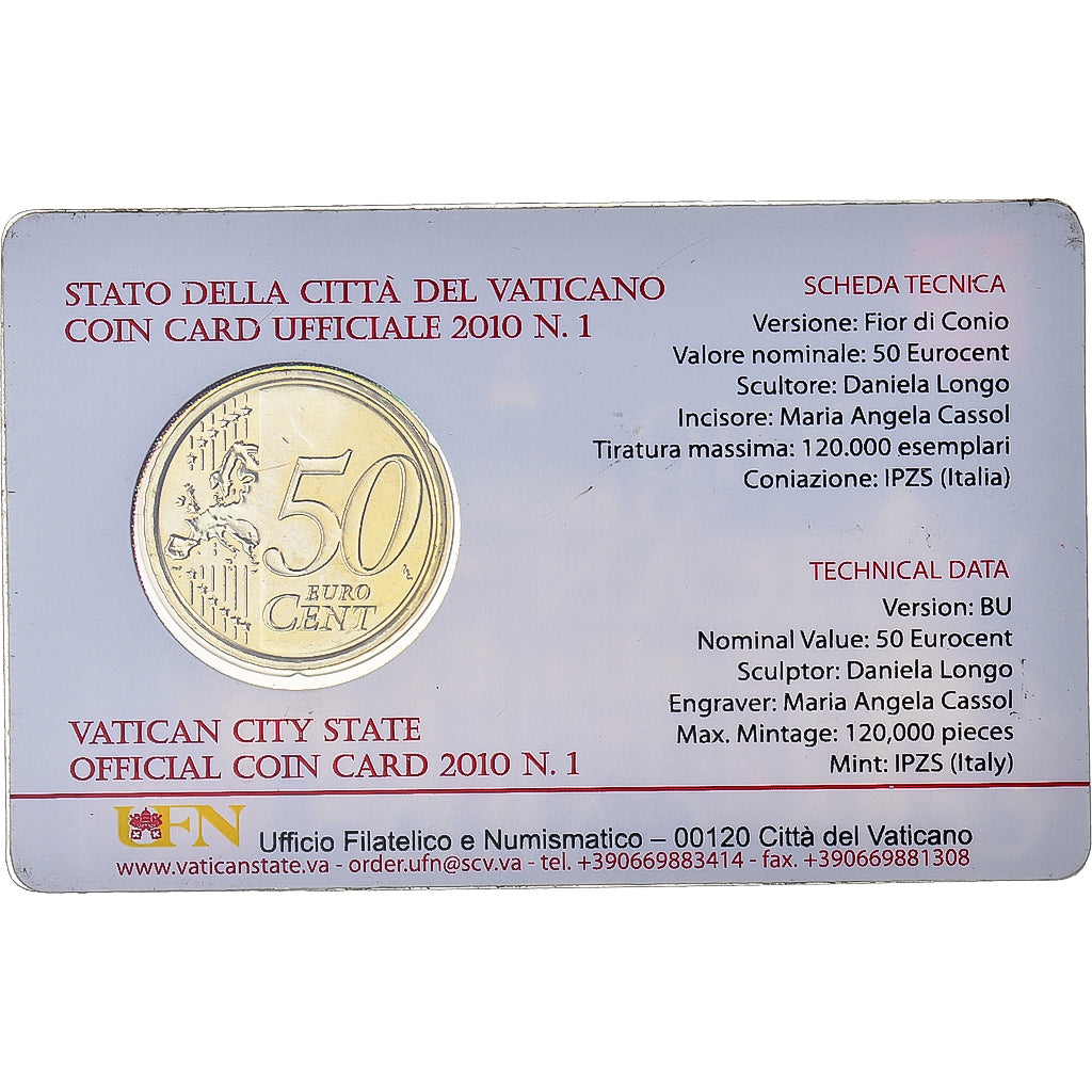 Cité du Vatican, 50 Euro Cent, 2010, Rome, Coin card, FDC, Laiton
