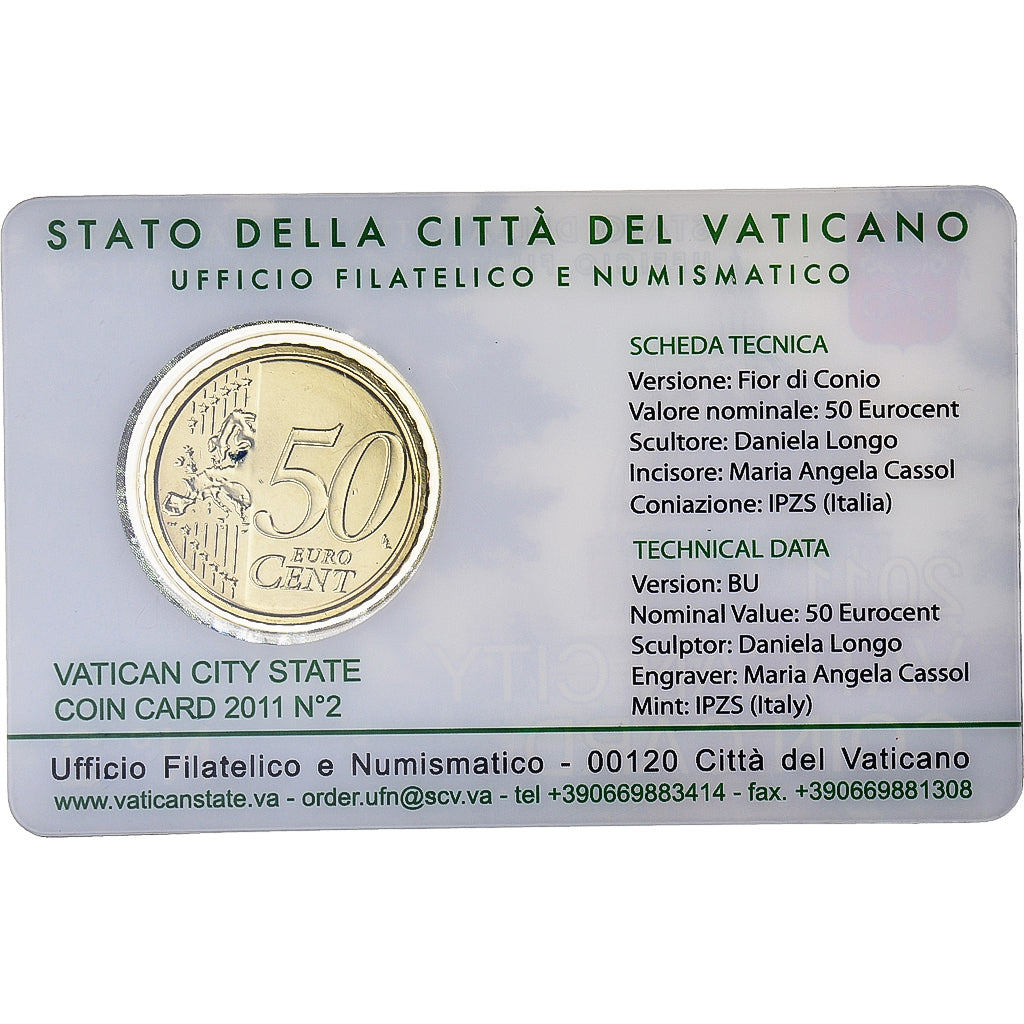 VATICAN CITY, 50 Euro Cent, 2011, Rome, Coin card, MS(65-70), Brass