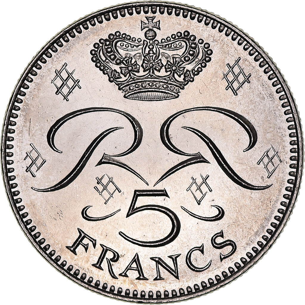 Moneta, Monaco, Rainier III, 5 Francs, 1974, MS(64), Miedź-Nikiel, KM:150