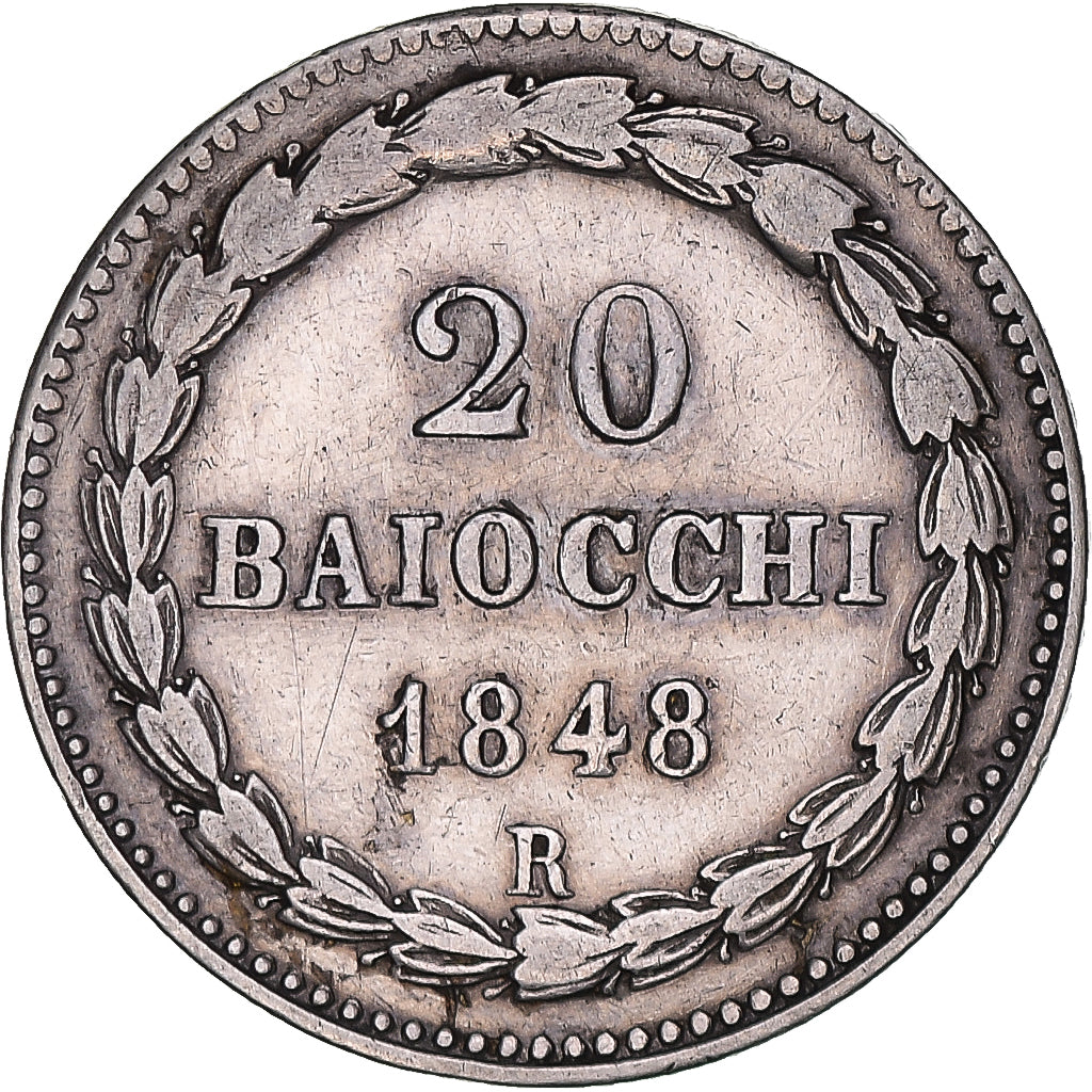 Moneta, STATI ITALIANI, PAPAL STATES, Pius IX, 20 Baiocchi, 1848, Rome, MB+