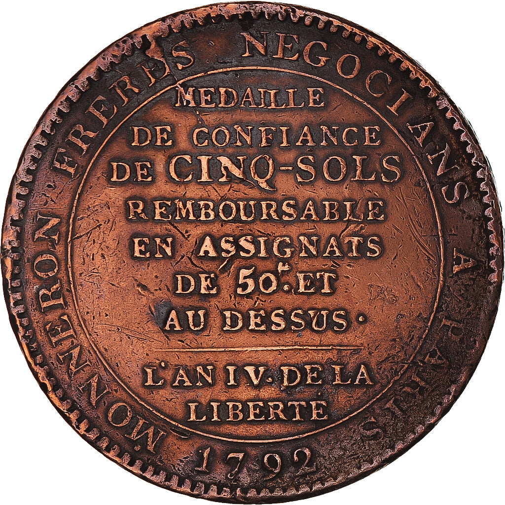 Coin, France, Monneron, 5 Sols, 1792, Paris, VF(30-35), Bronze