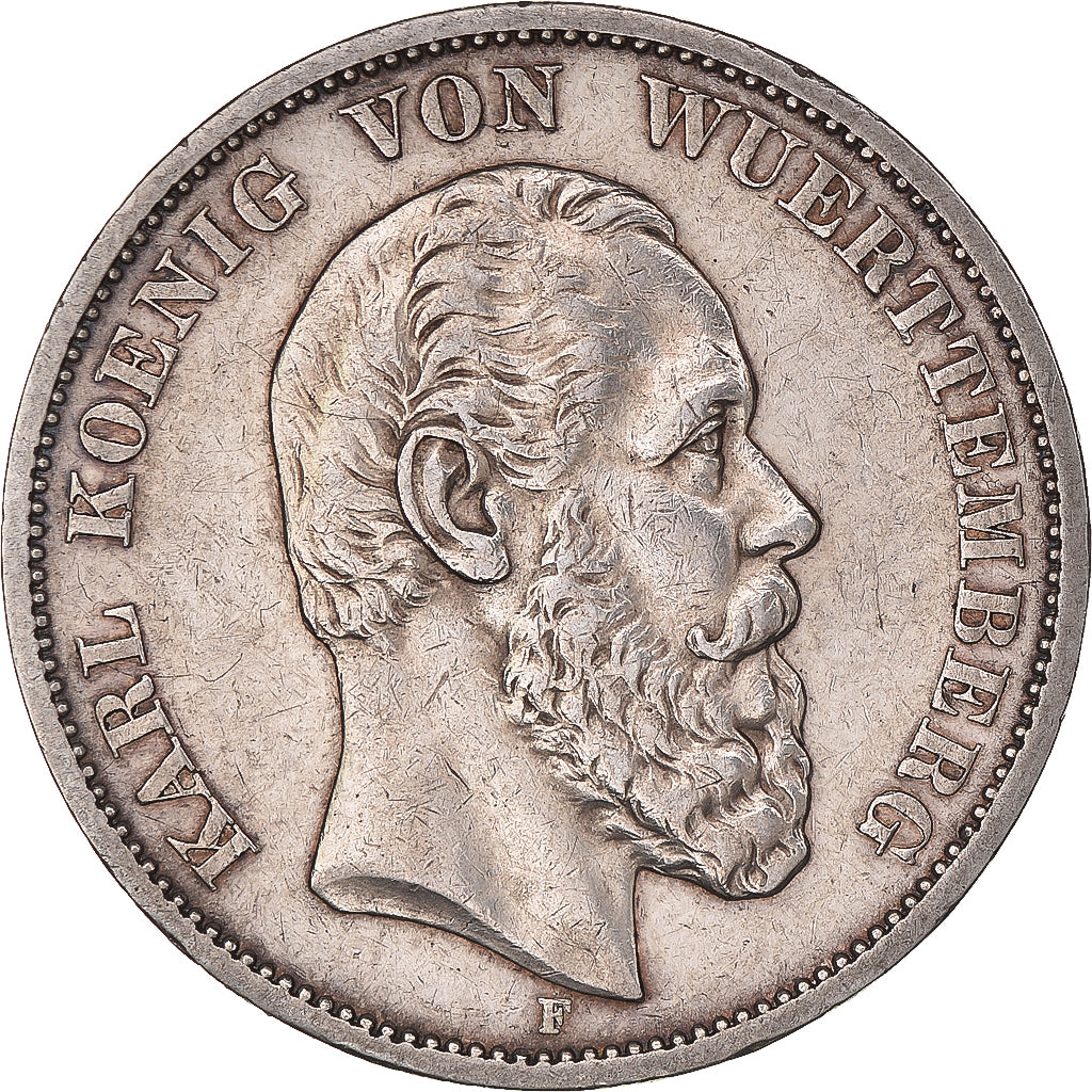 Coin, German States, WURTTEMBERG, Karl I, 5 Mark, 1876, Freudenstadt, AU(50-53)
