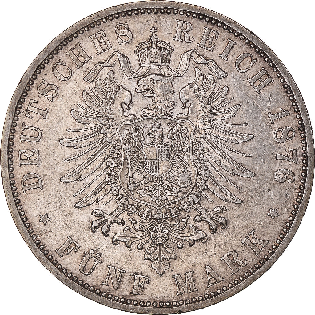 Coin, German States, WURTTEMBERG, Karl I, 5 Mark, 1876, Freudenstadt, AU(50-53)