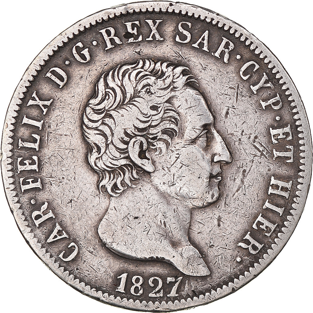 Coin, ITALIAN STATES, SARDINIA, Carlo Felice, 5 Lire, 1827, Genoa, VF(30-35)