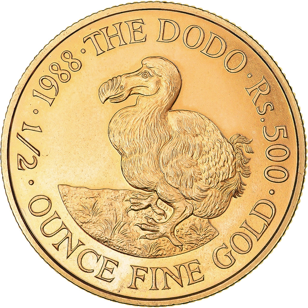 Coin, Mauritius, 500 Rupees, 1988, 1/2 Oz, MS(65-70), Gold, KM:59