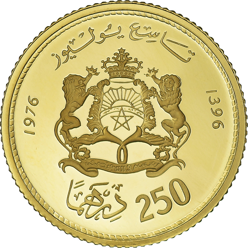 Coin, Morocco, al-Hassan II, 250 Dirhams, 1976, MS(65-70), Gold, KM:66