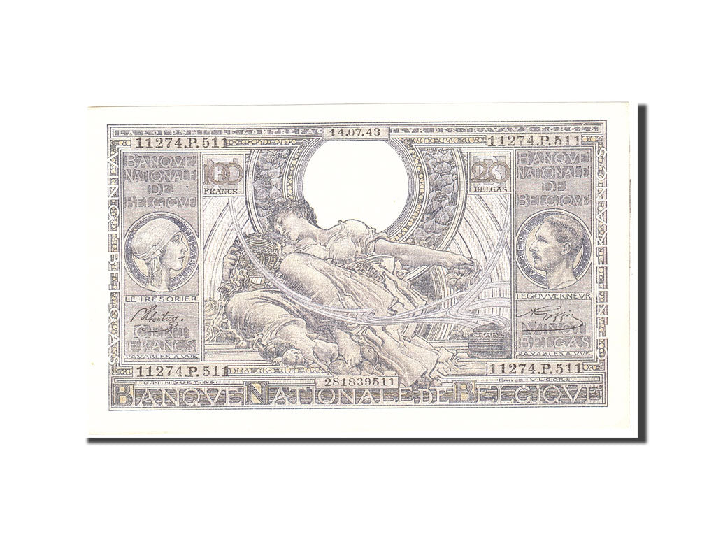 Banknote, Belgium, 100 Francs-20 Belgas, 1943, 1943-07-14, KM:107, AU(55-58)