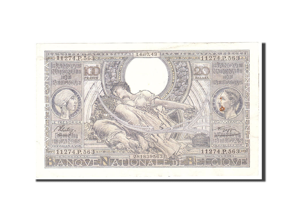 Banconote, Belgio, 100 Francs-20 Belgas, 1943, KM:107, 1943-07-14, BB