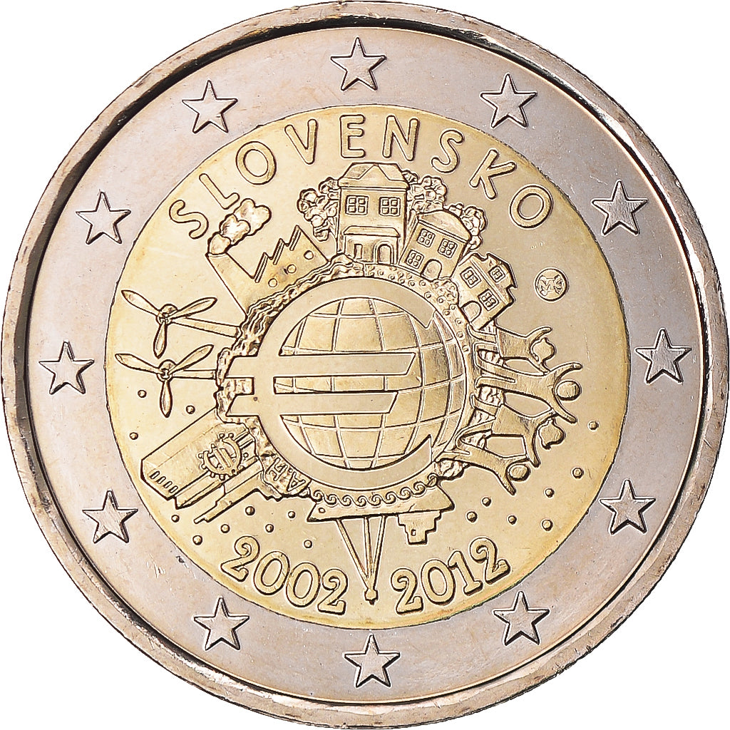 Eslováquia, 2 Euro, 10 ans de l'Euro, 2012, MS(64), Bimetálico