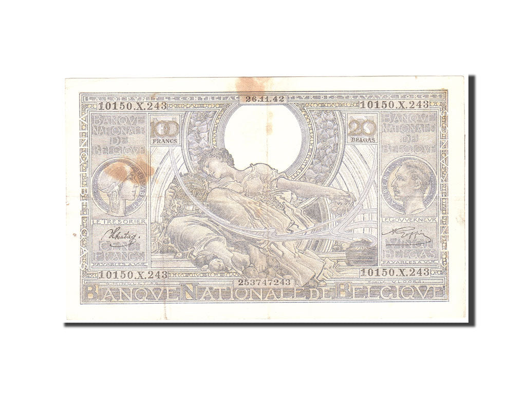Banknote, Belgium, 100 Francs-20 Belgas, 1942, 1942-11-26, KM:107, EF(40-45)