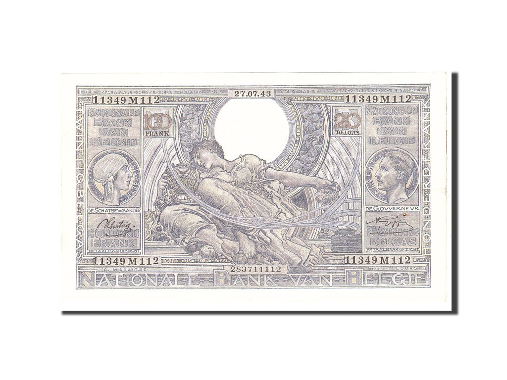 Belgium, 100 Francs-20 Belgas, 1943, KM:107, 1943-07-22, AU(55-58)