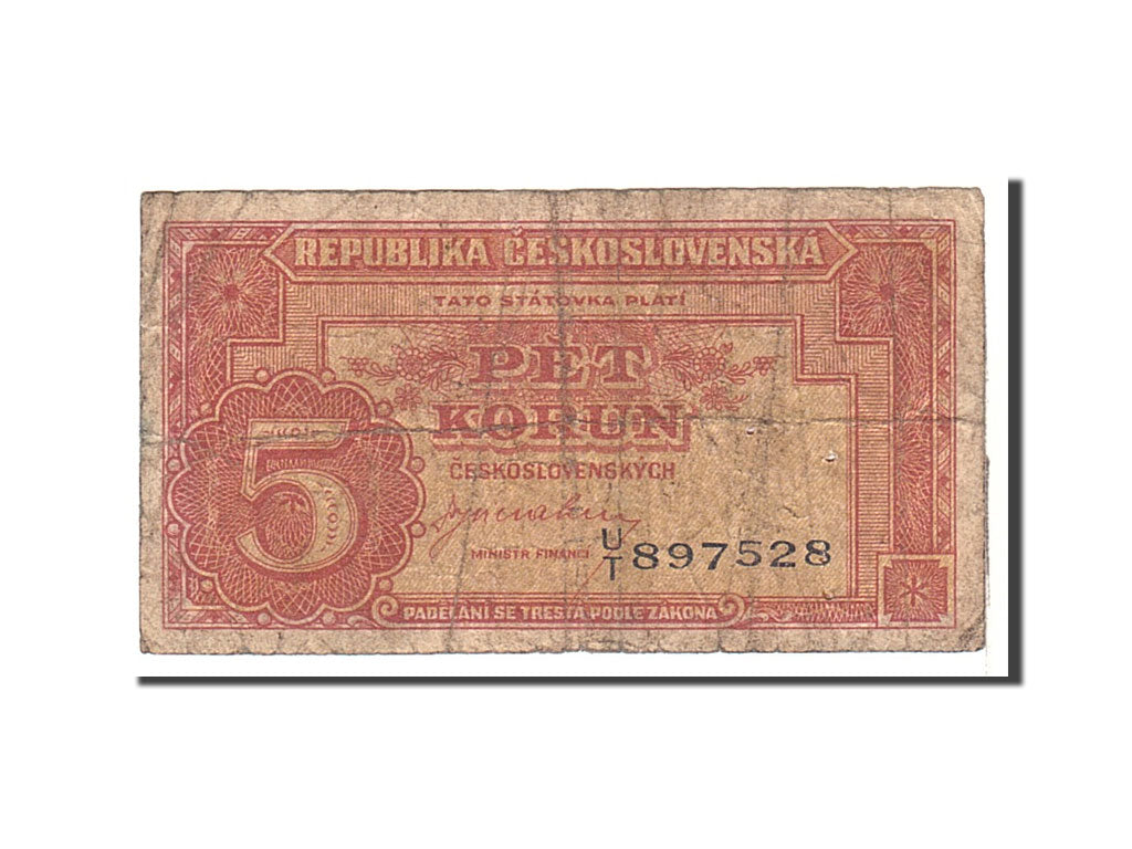 Czechoslovakia, 5 Korun, 1945, Undated, KM:59a, VG(8-10)