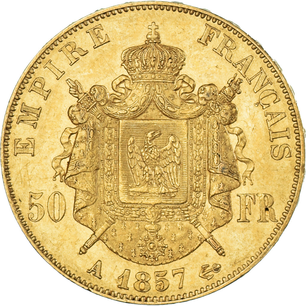 Moeda, França, Napoleon III, 50 Francs, 1857, Paris, AU(50-53), Dourado