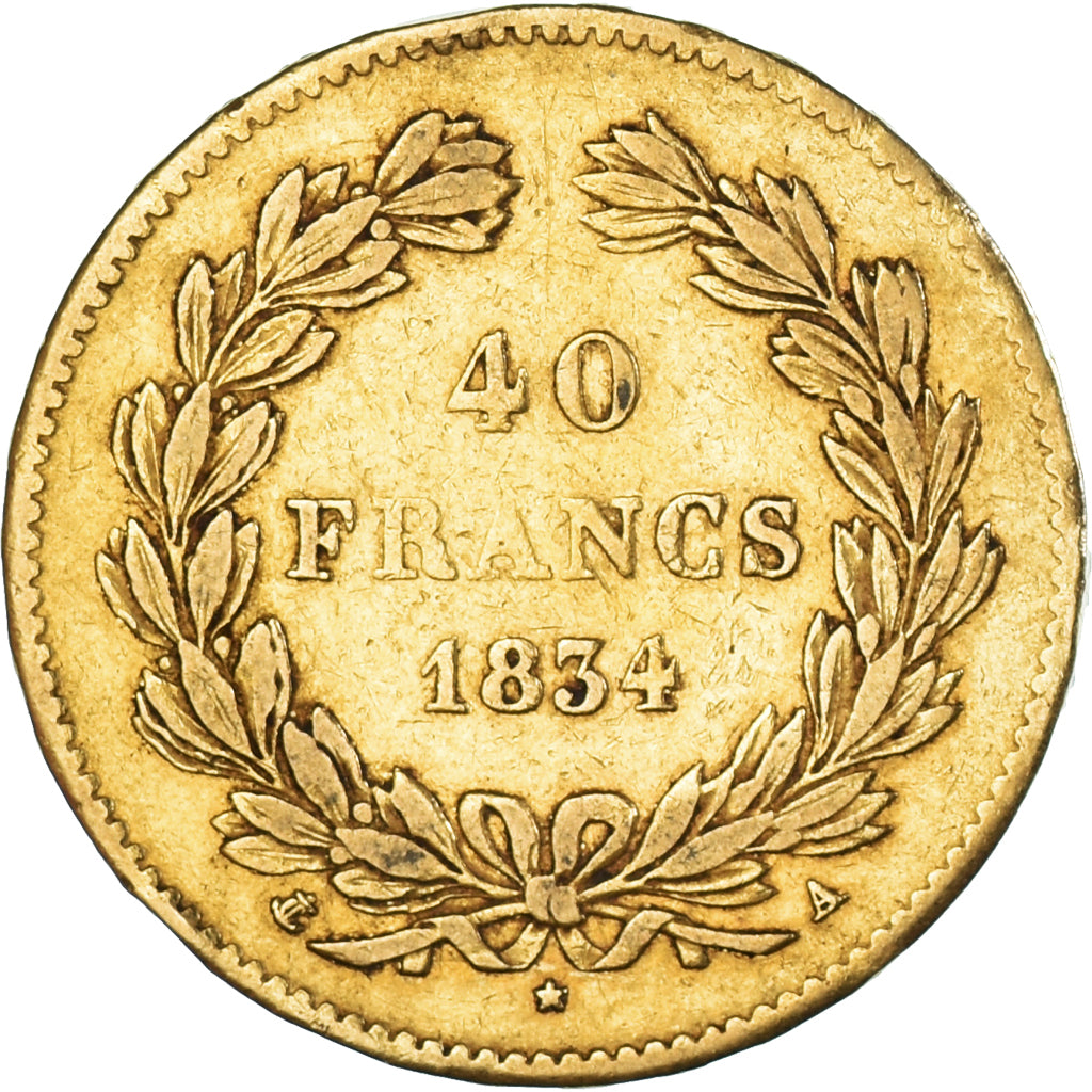 Moneda, Francia, Louis-Philippe, 40 Francs, 1834, Paris, BC+, Oro, KM:747.1