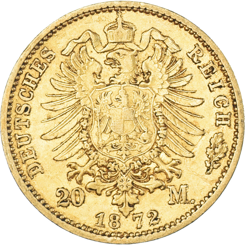 Coin, German States, PRUSSIA, Wilhelm I, 20 Mark, 1872, Frankfurt, AU(50-53)