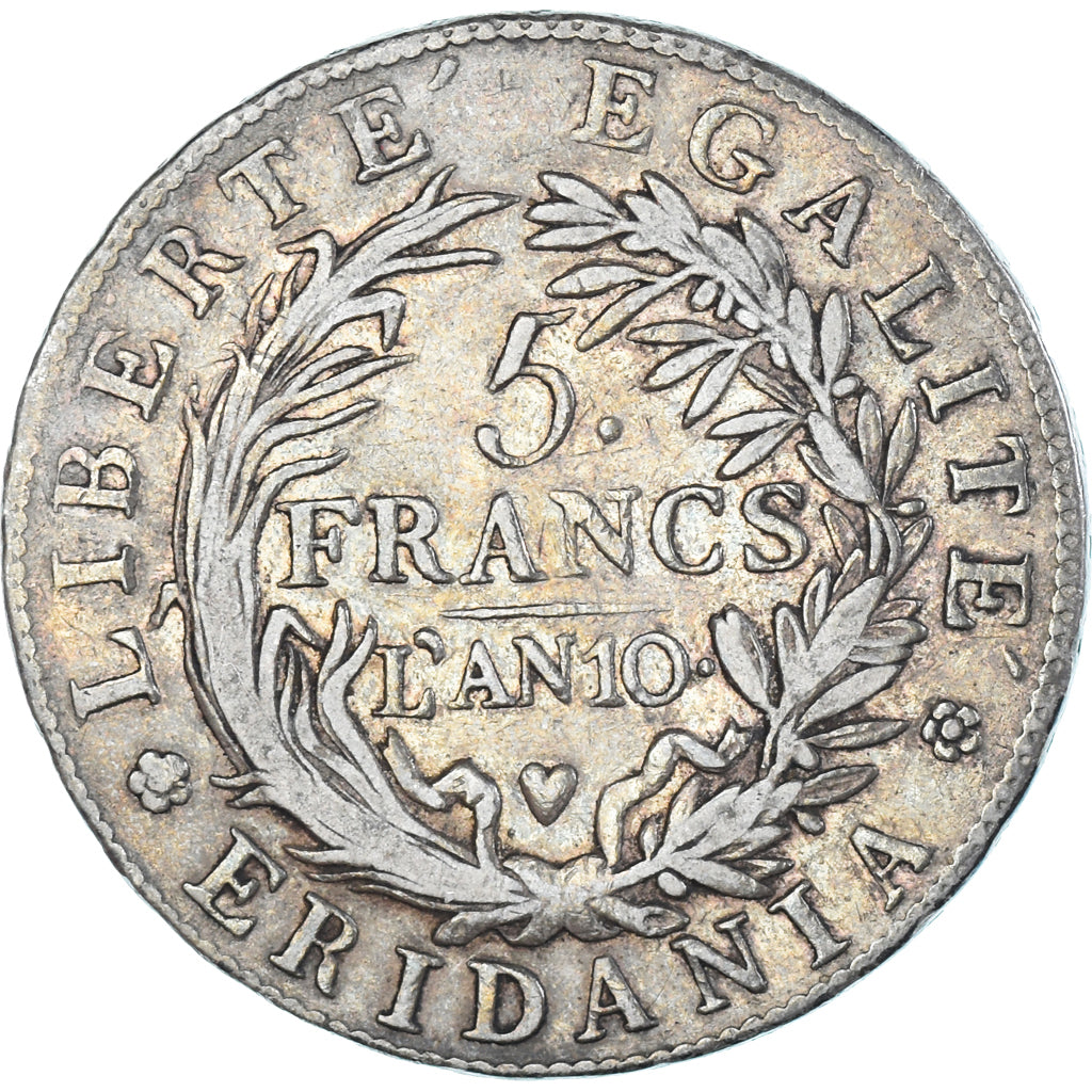 Coin, ITALIAN STATES, PIEDMONT REPUBLIC, 5 Francs, An 10, VF(30-35), Silver