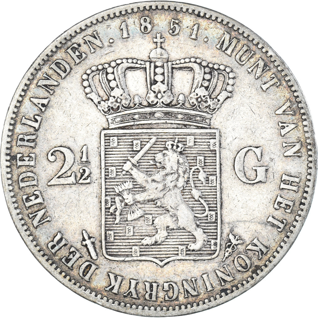 Coin, Netherlands, William III, 2-1/2 Gulden, 1851, EF(40-45), Silver, KM:82