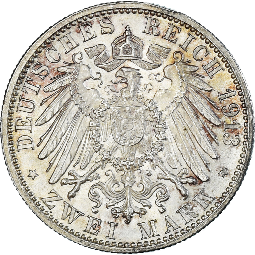 Coin, German States, BADEN, Friedrich II, 2 Mark, 1913, Stuttgart, MS(63)