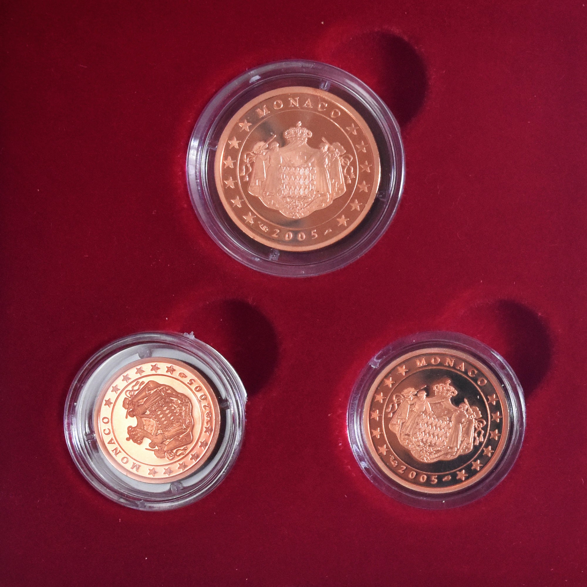 Monaco, Coffret, Prince Rainier III, 2005, 1,2,5 cts, FDC, Cuivre plaqué acier