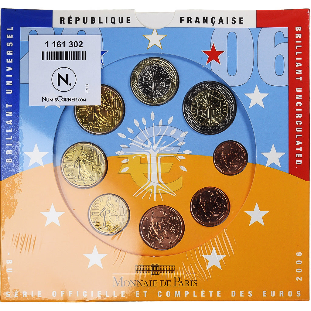 France, 1 Cent to 2 Euro, euro set, 2006, Monnaie de Paris, BU, FDC