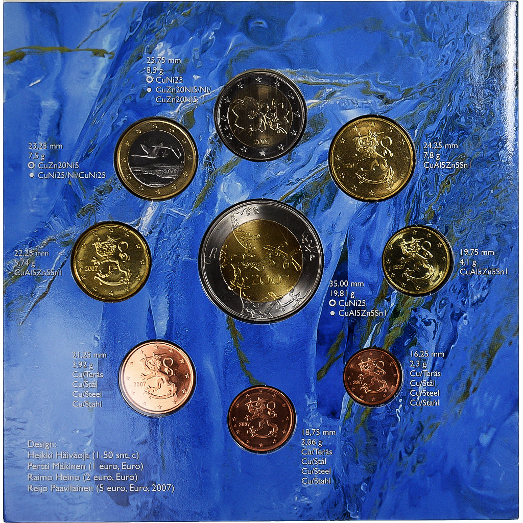 Finland, 1 Cent to 2 Euro + 5 Euro, 2007, MS(65-70)